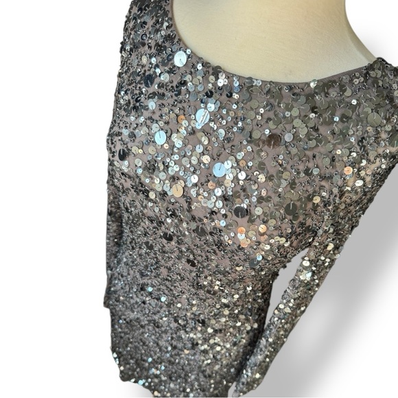 Aidan Mattox Silver Fully Sequined Party Dress Long Sleeve Mini Dress - Picture 2 of 7
